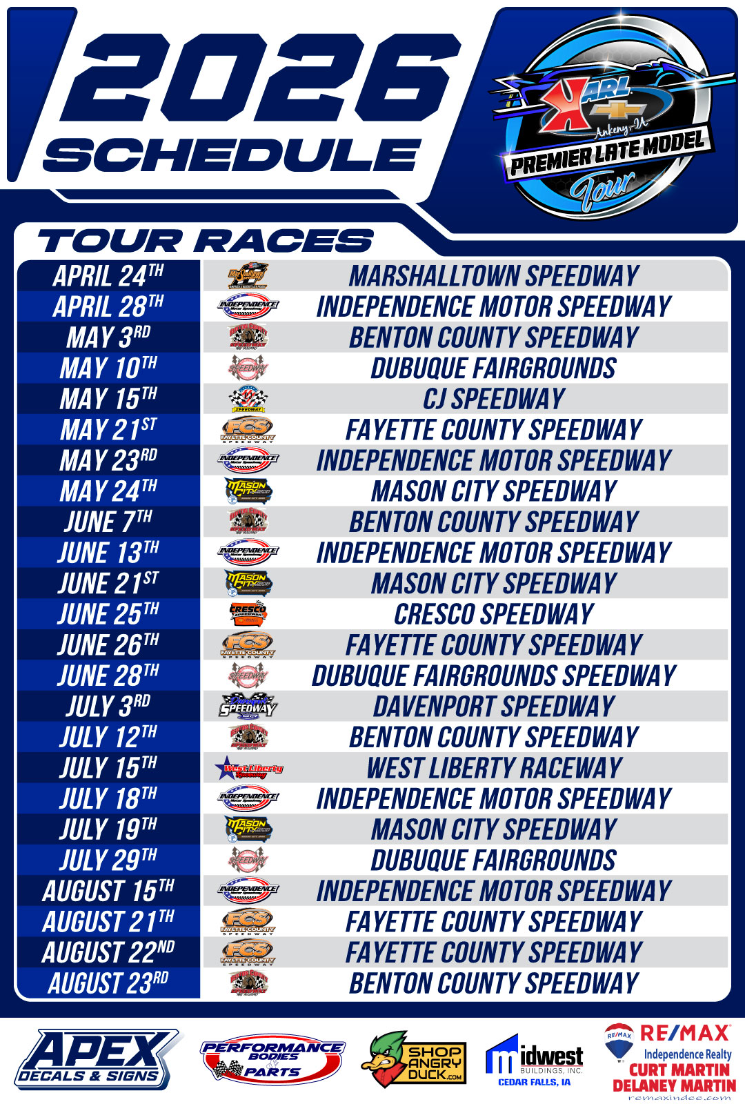 Premier Racing Organization 2026 Tour Racing Schedule