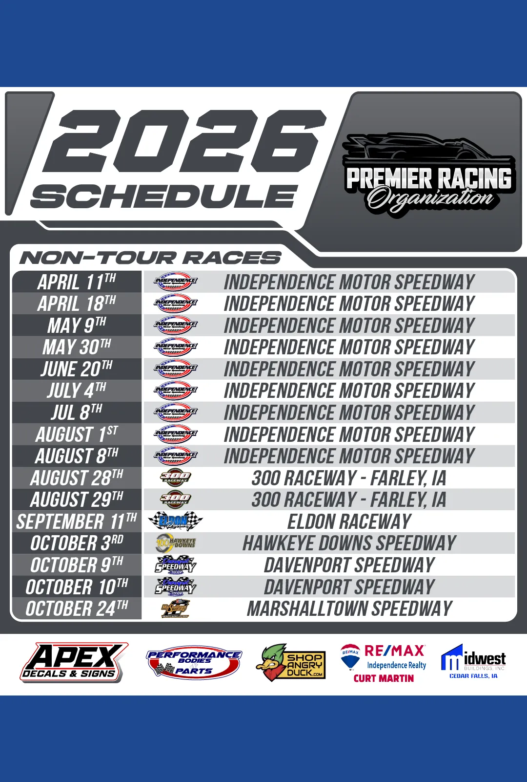 Premier Racing Organization 2026 Non-Tour Racing Schedule